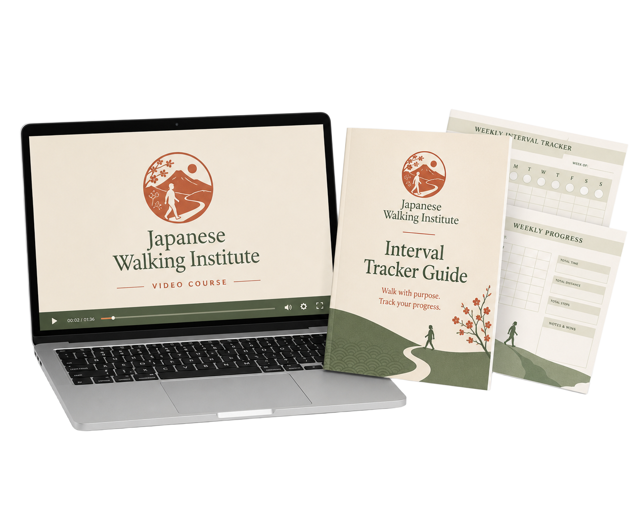 Japanese Walking Mastery Bundle: video course on laptop plus printed interval tracker guide