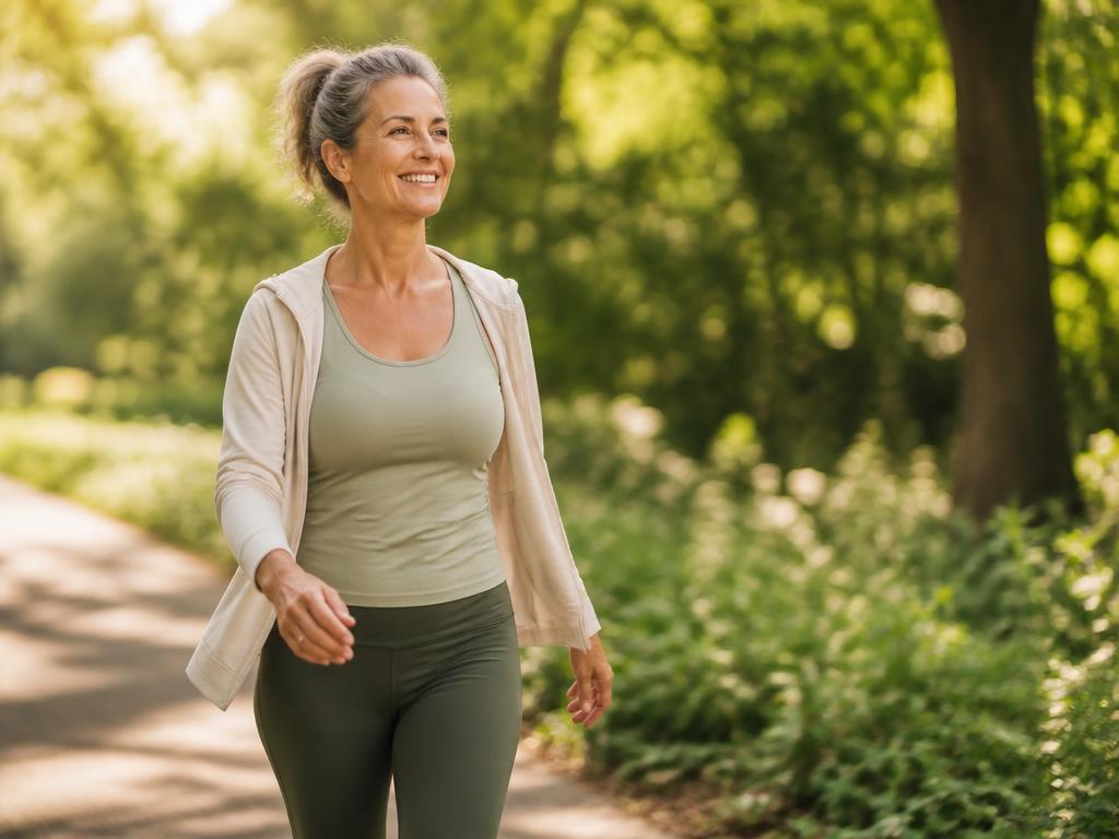Woman walking outdoors with a relaxed smile, bathed in natural morning light